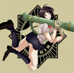 Rule 34 | 1girl, ahoge, ass, black footwear, black hair, black skirt, blue eyes, calf socks, danganronpa: trigger happy havoc, danganronpa (series), eyebrows, eyelashes, female focus, freckles, full body, holding, holding rocket launcher, holding weapon, ikusaba mukuro, logo, looking back, neck ribbon, open mouth, pleated skirt, red ribbon, ribbon, rocket launcher, rpg (weapon), shirt, short sleeves, simple background, skirt, solo, weapon, white shirt, wolf