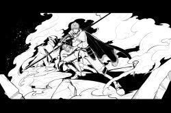 1boy 1girl absurdres armored_boots blood blood_on_face boots cape dust facial_hair fate/grand_order fate_(series) fujimaru_ritsuka_(female) goatee greyscale hector_(fate) highres holding holding_polearm holding_weapon letterboxed looking_at_viewer mizuna237 monochrome polearm short_hair skirt tabard tunic weapon