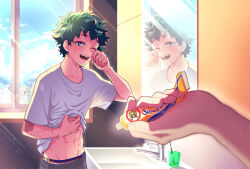 Rule 34 | 2boys, bakugou katsuki, boku no hero academia, clothes lift, green eyes, green hair, grey pants, highres, male focus, male underwear, midoriya izuku, midriff, mirror, multiple boys, navel, one eye closed, open mouth, pants, shii (pixiv id 53468693), shirt, shirt lift, short hair, stomach, t-shirt, toothpaste, underwear, white shirt