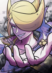 1boy blonde_hair clothing_cutout collarbone commentary_request grey_eyes grin hair_over_one_eye hand_up highres male_focus nintendo pointy_hair pokemon pokemon_legends:_arceus sasami_642 shirt shoulder_cutout smile solo teeth upper_body volo_(pokemon) white_shirt
