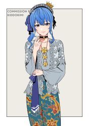 1girl alternate_costume black_choker blue_eyes blue_hair blue_skirt choker commentary commission commissioner_name highres hololive hoshimachi_suisei indonesian_clothes jewelry kebaya kei_dragonsheaven long_skirt necklace side_ponytail skirt smile solo star_(symbol) star_in_eye symbol_in_eye virtual_youtuber watermark