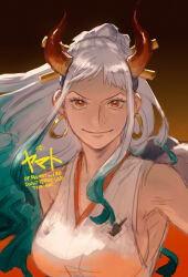 1girl absurdres breasts closed_mouth earrings eyelashes gradient_background gradient_hair highres horns jewelry large_breasts long_hair looking_at_viewer multicolored_hair one_piece plytometo red_eyes sideboob sleeveless smile solo upper_body yamato_(one_piece)