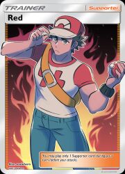 1boy adjusting_clothes adjusting_headwear aliisa baseball_cap fake_trading_card fire hat holding holding_poke_ball nintendo poke_ball poke_ball_(basic) pokemon pokemon_sm pokemon_tcg red_(pokemon) red_hat solo yellow_bag