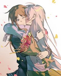 Rule 34 | 2girls, bang dream!, bang dream! it&#039;s mygo!!!!!, blue eyes, blue shirt, bouquet, brown hair, chihaya anon, closed mouth, flower, green skirt, grey jacket, haneoka school uniform, highres, holding, holding bouquet, hug, jacket, kiss, kissing cheek, long hair, multiple girls, nagasaki soyo, pink hair, school uniform, shiba257, shirt, sidelocks, skirt, tsukinomori school uniform, yuri