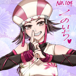 beret brown_eyes brown_hair detached_sleeves grin hat interlocked_fingers kunoichi_(sengoku_musou) lips ninja sengoku_musou smile teeth