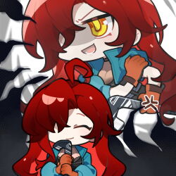 1girl ahoge artist_request blue_jacket bonneville_(neural_cloud) chibi chibi_only chinese_commentary closed_eyes false_smile furrowed_brow girls&#039;_frontline girls&#039;_frontline_neural_cloud hair_over_one_eye highres jacket official_art red_hair rolling_sleeves_up second-party_source smile solo yellow_eyes