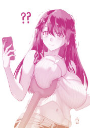 Rule 34 | 1girl, ?, breasts, chikan, ge xi, grabbing another&#039;s breast, groping, height difference, highres, large breasts, long hair, molestation, navel, no bra, original, phone, plaid clothes, poking, qin xiang (ge xi), simple background, solo, solo focus