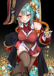 1girl :d alternate_breast_size ankle_boots aqua_hair ascot bell bicorne black_coat black_hat blush boots breasts brooch brown_thighhighs buttons center-flap_bangs cleavage coat coin commentary commission cosplay cropped_jacket double-parted_bangs double_bun english_commentary fang fold-over_boots gloves gold_coin gold_trim hair_bell hair_bun hair_ornament hat highres hikimayu hololive houshou_marine houshou_marine_(1st_costume) houshou_marine_(cosplay) inami_yoki indie_virtual_youtuber jacket jewelry jingle_bell knee_up lace lace-trimmed_thighhighs lace_trim lapel_pin large_breasts leotard leotard_under_clothes long_sleeves looking_at_viewer mikan_(manmarumikan) miniskirt off_shoulder ofuda open_mouth pile_of_money pirate_costume pirate_hat pleated_skirt red_ascot red_jacket red_skirt second-party_source see-through_clothes see-through_cleavage see-through_leotard see-through_midriff skeb_commission skin_fang skirt sleeveless sleeveless_jacket smile solo thick_eyebrows thighhighs treasure treasure_chest virtual_youtuber white_gloves yellow_eyes