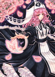 Rule 34 | 1girl, adapted costume, alternate costume, aura, black shirt, blurry, blush, branch, breasts, cherry blossoms, commentary request, dress, frilled dress, frills, hair between eyes, highres, japanese clothes, koumajou densetsu, koumajou densetsu 2, long sleeves, looking at viewer, marker (medium), medium breasts, mktr (princess mktr), night, petals, pink eyes, pink hair, purple eyes, ribbon, saigyouji yuyuko, shirt, short hair, skirt, smile, solo, touhou, traditional media, triangular headpiece, veil, wide sleeves