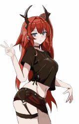 Rule 34 | 1girl, absurdres, arknights, bad anatomy, bad hands, black horns, black shirt, black skirt, breasts, commentary, contrapposto, cowboy shot, crop top, crop top overhang, groin, highres, horns, lastmatch500, light blush, long hair, looking at viewer, medium breasts, midriff, miniskirt, navel, official alternate costume, parted lips, purple eyes, red hair, shirt, short sleeves, simple background, sketch, skirt, solo, standing, surtr (arknights), surtr (liberte echec) (arknights), t-shirt, thigh strap, w, white background