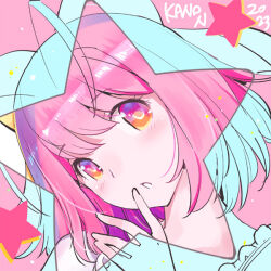 Rule 34 | 1girl, 2023, antenna hair, bow, commentary request, hair bow, head tilt, kami nomi zo shiru sekai, looking at viewer, nakagawa kanon, neck, open mouth, pink background, pink eyes, pink hair, short hair, solo, star (symbol), wakaki tamiki, yellow bow