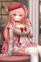 1girl arm_support blurry blurry_background blush bow braco breasts cardigan choker closed_mouth commentary fingernails frilled_cardigan hair_ribbon hat highres indie_virtual_youtuber large_breasts long_hair long_sleeves looking_at_viewer merun_morino mole mole_under_eye nail_polish one_side_up orange_eyes pink_bow pink_choker pink_hair pink_hat pink_nails pink_ribbon pink_skirt ribbon skirt sleeves_past_wrists solo strawberry_hat thighhighs thighs virtual_youtuber white_cardigan white_thighhighs
