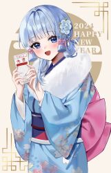 1girl 2024 absurdres alternate_costume alternate_hairstyle asymmetrical_hair ayaka_(genshin_impact) back_bow blue_eyes blue_hair blue_kimono blunt_bangs blunt_tresses bow emduck english_text genshin_impact hair_ornament happy_new_year highres holding japanese_clothes kimono long_sleeves looking_at_viewer mole mole_under_eye new_year open_mouth pink_bow simple_background smile upper_body wide_sleeves