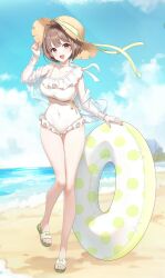 1girl :d ahoge beach brown_hair casual_one-piece_swimsuit choker coconut_tree commentary_request covered_navel day feet frilled_one-piece_swimsuit frills full_body hand_up harusaki_nodoka hat highres holding holding_swim_ring hololive holonatsu_paradise innertube jacket looking_at_viewer misyune ocean official_alternate_costume official_art one-piece_swimsuit open_mouth outdoors palm_tree pink_eyes see-through_clothes see-through_jacket short_hair slippers smile solo straw_hat sun_hat swim_ring swimsuit tree virtual_youtuber white_choker white_one-piece_swimsuit