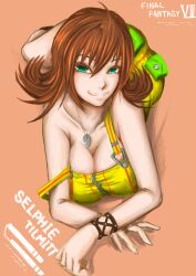 1girl absurdres breasts brown_hair cleavage dress final_fantasy final_fantasy_viii flipped_hair full_body green_eyes highres large_breasts lips looking_at_viewer overalls selphie_tilmitt short_hair simple_background skirt smile solo strap_slip yellow_dress yellow_overalls yokaze_(kazenoyo) zipper_dress