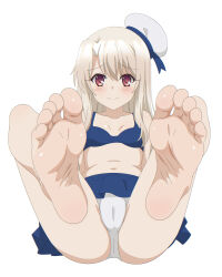 1girl absurdres ass barefoot blue_bra blue_skirt blush bra breasts cameltoe closed_mouth fate_(series) feet foot_focus full_body hair_between_eyes hat highres illyasviel_von_einzbern long_hair looking_at_viewer lying on_back panties red_eyes sailor_hat simple_background skirt small_breasts smile soles solo toes underwear white_background white_hair white_hat white_panties zorzero
