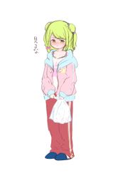 1girl bag blue_slippers blush bow braid child closed_mouth collarbone double_bun drawstring embarrassed female_focus flat_chest full_body green_eyes green_hair hair_bow hair_bun highres holding holding_bag hood hood_down hooded_jacket jacket japanese_text legs_together looking_at_viewer matching_hair/eyes morinaka_kazaki nijisanji nose_blush open_clothes open_jacket pants pink_bow pink_jacket pink_pants plastic_bag shirt short_hair sidelocks simple_background single_braid slippers solo spaghetti_strap swept_bangs talking track_pants translated urabe_miyabi virtual_youtuber white_background white_shirt