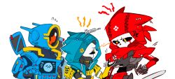 1girl 2boys android anger_vein animification apex_legends ash_(titanfall_2) bandana black_sclera chibi chinese_commentary classic_revenant colored_sclera hood hood_up humanoid_robot metal_skin multiple_boys one-eyed open_hand pathfinder_(apex_legends) red_bandana revenant_(apex_legends) robot ruu47 simulacrum_(titanfall) sweatdrop white_background yellow_eyes