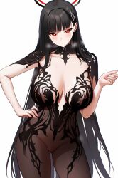 1girl absurdres ateoyh black_bodysuit black_hair black_halo blue_archive blush bodysuit breasts bright_pupils chronopattern_dress commentary contrapposto cowboy_shot fingernails hair_intakes hair_ornament hairpin halo hand_on_own_hip hand_up heavy_breathing highres large_breasts long_hair looking_at_viewer mechanical_halo meme_attire red_eyes rio_(blue_archive) see-through_bodysuit see-through_clothes simple_background solo sweat very_long_hair white_background white_pupils