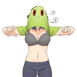 1girl black_leggings blue_hair bra breasts chupacabra_(idolmaster) clothes_lift collarbone covered_face gao grey_bra groin highres idolmaster idolmaster_million_live! large_breasts leggings navel shirt_lift solo speech_bubble stomach sweat toyokawa_fuka underwear ushimochi