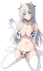 1girl animal_ears animal_print arms_behind_back bell bikini bottle breasts closed_mouth collar cow_ears cow_horns cow_print flower green_eyes grey_hair hair_flower hair_ornament highres holding holding_bottle hololive horns large_breasts long_hair looking_at_viewer milk_bottle navel neck_bell nel-c no_shoes print_bikini red_collar shirogane_noel side-tie_bikini_bottom simple_background sitting skindentation smile solo stomach swimsuit thighhighs thighs virtual_youtuber wariza white_background white_thighhighs