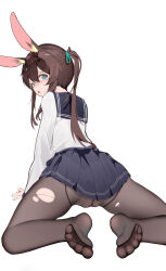 1girl absurdres amiya_(arknights) animal_ears aqua_ribbon arknights arm_support black_pantyhose blue_eyes blue_sailor_collar blue_skirt blush brown_hair chinese_commentary cleft_of_venus commentary_request double-parted_bangs feet full_body hair_between_eyes hair_ribbon highres leaning_forward long_bangs long_hair long_sidelocks long_sleeves looking_at_viewer looking_back miniskirt mons_pubis no_panties no_shoes no_tail nose_blush pantyhose parted_lips pleated_skirt ponytail pussy rabbit_ears rabbit_girl raised_inner_eyebrows ribbon sailor_collar school_uniform serafuku shenmi_de_xigua shirt sidelocks simple_background skirt soles solo toe_seam toes torn_clothes torn_pantyhose uncensored white_background white_shirt