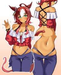 1girl ahoge animal_ears cowboy_shot dark-skinned_female dark_skin darley_arabian_(umamusume) ear_covers ear_ornament green_eyes highres horse_ears horse_girl horse_tail komb long_hair looking_at_viewer multiple_views off-shoulder_shirt off_shoulder red_shirt shirt tail umamusume