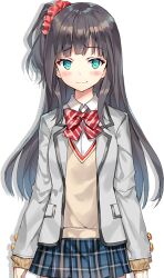 1girl :3 aqua_eyes black_hair blush bow bowtie brown_sweater closed_mouth collared_shirt diagonal-striped_bow diagonal-striped_bowtie diagonal-striped_clothes grey_jacket hair_ornament hair_scrunchie jacket long_hair long_sleeves looking_at_viewer momoko_(momopoco) official_art one_side_up open_clothes open_jacket oshiego_ni_kyouhaku_sareru_no_wa_hanzai_desu_ka? plaid_clothes plaid_skirt pleated_skirt red_bow red_bowtie red_scrunchie school_uniform scrunchie shirt simple_background skirt solo striped_clothes sweater transparent_background tsutsukakushi_seika wing_collar