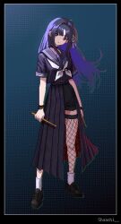 1girl ahoge awa_subaru black_choker black_hair black_serafuku black_shirt boots breasts choker collarbone fishnet_thighhighs fishnets full_body girls_band_cry highres long_hair long_skirt looking_at_viewer multicolored_hair neckerchief pixel_art pleated_skirt purple_eyes purple_hair sailor_collar school_uniform serafuku shaachi shirt shirt_overhang short_sleeves single_fishnet_legwear skirt small_breasts socks solo standing thighhighs very_long_hair white_neckerchief white_socks