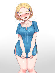1girl blonde_hair blue_shirt blue_tunic blush bottomless braid breasts champion&#039;s_tunic_(zelda) closed_eyes collarbone commentary_request covered_navel crown_braid facing_viewer feet_out_of_frame flying_sweatdrops gradient_background highres medium_breasts naked_shirt nintendo open_mouth pointy_ears princess_zelda shirt shirt_tug short_hair solo standing sweat the_legend_of_zelda the_legend_of_zelda:_tears_of_the_kingdom thick_thighs thighs tunic wasabi_(legemd) white_background