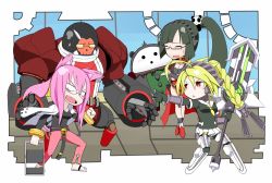 3girls animal_ears arakune arc_system_works ariadne ariadne_(cosplay) atlus bell blazblue blonde_hair blush_stickers breasts cat_ears chair cleavage clenched_hand cosplay crossover closed_eyes glasses green_hair iron_tager kokonoe_(blazblue) kuma_(2ch) kuma_(cosplay) kuma_(persona_4) kuma_(persona_4)_(cosplay) kuroshiro_(ms-2420) labrys_(cosplay) labrys_(persona) lambda-11 lao_jiu litchi_faye_ling long_hair megami_tensei multiple_girls panda persona persona_4 persona_4:_the_ultimate_in_mayonaka_arena pink_hair ponytail red_eyes shin_megami_tensei sweatdrop takemikazuchi takemikazuchi_(cosplay) tatsumi_kanji tatsumi_kanji_(cosplay) weapon