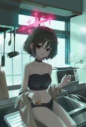 1girl absurdres alcohol bare_shoulders black_bra black_choker black_panties blue_archive blush bra brown_hair choker cigarette cup earrings grey_shirt halo highres holding holding_cigarette holding_cup jewelry looking_at_viewer misaki_(blue_archive) navel open_mouth panties pink_halo purple_eyes shirt short_hair shortofsugar sitting solo stomach stud_earrings underwear