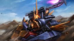 absurdres advance_of_zeta beam_axe blue_eyes cloud company_name copyright_notice damaged debris desert dirty dust dust_cloud energy fake_screenshot glowing gundam gundam_battle_operation_2 highres holding holding_weapon machinery mecha mecha_focus mobile_suit mountainous_horizon official_art one-eyed painting_(medium) realistic robot rosette_(mobile_suit) scan science_fiction shoulder_spikes solo spikes sunrise_(company) tenjin_hidetaka titans_(gundam) traditional_media weapon