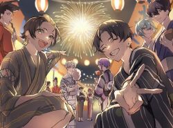 6+boys :d ^_^ bachira_meguru barou_shouei black_eyes black_hair black_kimono blonde_hair blue_hair blue_lock chigiri_hyoma closed_eyes colored_inner_hair cotton_candy fireworks grey_kimono grin highres holding holding_cotton_candy holding_food holding_skewer isagi_yoichi itoshi_rin japanese_clothes karasu_tabito kimono looking_at_viewer male_focus mikage_reo mole mole_under_eye moonlight_121 multicolored_hair multiple_boys nagi_seishirou night open_mouth outdoors pointing profile purple_eyes purple_hair purple_kimono red_kimono short_hair skewer smile squatting standing teeth two-tone_hair v white_hair white_kimono yellow_eyes you_hiori yukata