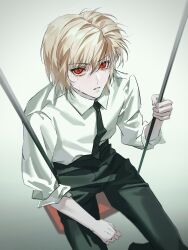 1boy absurdres black_necktie black_pants blonde_hair chinese_commentary collared_shirt commentary_request crying crying_with_eyes_open eyelashes feet_out_of_frame fingernails hair_between_eyes highres hunter_x_hunter kurapika looking_at_viewer male_focus necktie pants parted_hair parted_lips ppttppff red_eyes shirt short_hair sitting sleeve_cuffs solo streaming_tears swing tears white_shirt wing_collar