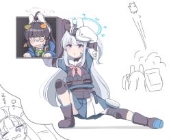 2girls @_@ black_hair blue_archive boots commentary_request dreaming flying full_body gloves halo hoshino_ouka knee_pads miyako_(blue_archive) miyu_(blue_archive) multiple_girls purple_eyes rocket rocket_launcher school_uniform silver_hair speech_bubble tactical_clothes thought_bubble weapon white_background