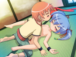 1boy 1girl asuka_souma censored cum cum_in_pussy hair_ornament hairpin hetero japanese_clothes loli long_hair magatama miko mosaic_censoring nazuna_(onmyou_taisenki) onmyou_taisenki pussy sex shota twintails vaginal