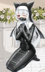 1852489 1girl absurdres animal_ear_headwear bdsm bondage bound commentary_request covered_navel fake_animal_ears full_body gag gagged guimpe highres latex long_hair nun one_eye_closed original own_hands_together plant potted_plant red_eyes seiza shiny_clothes sitting skin_tight sleepsack solo variant_set white_hair