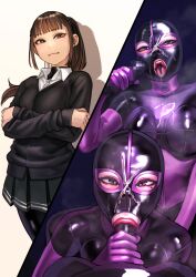 Rule 34 | 1boy, 1girl, absurdres, blonde hair, blush, bodysuit, breasts, brown eyes, brown hair, cum, cum on body, cum on clothes, elbow gloves, facial, fellatio, gimp mask, gloves, hetero, highres, kilye kairi, latex, latex bodysuit, long hair, looking at viewer, mask, medium breasts, mole, mole under eye, multiple views, oral, original, purple gloves, skin tight