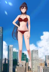 1girl bikini black_choker black_hair breasts building choker city cleavage cloud collarbone commission day giant giantess hair_between_eyes hand_on_own_hip high_ponytail highres idolmaster idolmaster_shiny_colors large_breasts long_hair looking_at_viewer navel numaguro_(tomokun0808) photo_background ponytail red_bikini shirase_sakuya skeb_commission skyscraper smile solo standing stomach swimsuit yellow_eyes