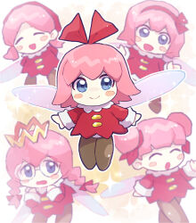 1girl blue_eyes blush_stickers chiimako closed_eyes cosplay double_bun fairy fairy_wings glasses hair_bun kirby_(series) kirby_64 looking_at_viewer nintendo pink_hair red_ribbon ribbon ribbon_(kirby) ripple_star_queen smile wings