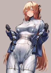 1girl 3_small_spiders black_gloves black_ribbon blue_jacket breasts brown_eyes brown_hair cowboy_shot girls&#039;_frontline girls&#039;_frontline_2:_exilium gloves grey_background hair_ribbon half_gloves highres jacket large_breasts long_hair looking_at_viewer pants parted_lips ribbon shirt simple_background solo springfield_(girls&#039;_frontline) springfield_(girls&#039;_frontline_2) white_pants white_shirt