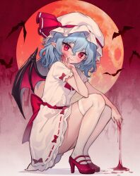 1girl absurdres back_bow bat_(animal) bat_wings blood blood_on_hands blue_hair bow center_frills closed_mouth commentary fang fang_out fingernails frills full_body full_moon gradient_background hair_between_eyes hand_on_own_cheek hand_on_own_face hat high_heels highres looking_at_viewer mob_cap moon pointy_ears puffy_short_sleeves puffy_sleeves qiu_ju red_background red_bow red_moon red_nails red_shoes remilia_scarlet ribbon-trimmed_skirt ribbon_trim sharp_fingernails shirt shoes short_hair short_sleeves skirt solo squatting straight-on symbol-only_commentary thighhighs touhou white_background white_hat white_shirt white_skirt white_thighhighs wings