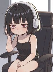 1girl bags_under_eyes bare_arms bare_shoulders black_camisole black_hair black_shorts blunt_bangs camisole chair chibi closed_mouth collarbone commentary cowboy_shot crying english_commentary hair_intakes half-closed_eyes hand_on_headphones hand_on_lap hand_up headphones highres indoors medium_hair original raliele_(raliele_(terenazal)) raliele_(terenazal) red_eyes self-harm_scar shorts simple_background sitting sleeveless smile solo spaghetti_strap tears thighs