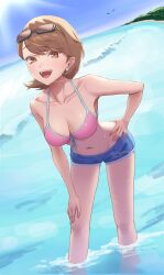 1girl bare_arms bare_legs bare_shoulders beach bikini bikini_top_only bird blue_shorts blue_sky breasts brown_eyes brown_hair collarbone commentary_request denim denim_shorts earrings eyewear_on_head feet_out_of_frame flipped_hair front-tie_bikini_top front-tie_top halterneck hand_on_own_hip hand_on_own_knee highres jewelry leaning_forward looking_at_viewer medium_breasts navel ocean official_alternate_costume open_mouth outdoors papapa_yoisyo partially_submerged pearl_earrings persona persona_3 pink_bikini short_hair short_shorts shorts sky soaking_feet solo standing stomach sunglasses sunlight swimsuit takeba_yukari teeth twitter_username upper_teeth_only water wet
