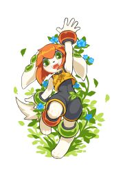 1girl 2015 absurdres ahoge animal_ears anklet bag barefoot basset_hound bracelet breasts chinese_clothes chinese_knot crop_top digitigrade dog dog_ears dog_girl dog_tail freedom_planet freedom_planet_2 furry furry_female green_eyes highres jewelry krita_(medium) leaf milla_basset non-web_source orange_hair romper small_breasts standing standing_on_one_leg tail transparent_background tsurime tyson_tan wristband