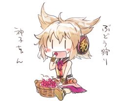 Rule 34 | 1girl, basket, belt, black belt, black shirt, blonde hair, blush, bow, bowtie, bracelet, chibi, clip studio paint (medium), collared shirt, earmuffs, eating, food, fruit, fruit basket, grapes, hair between eyes, hair ears, hand on lap, holding, holding food, jewelry, makuwauri, medium hair, open mouth, purple bow, purple bowtie, ribbon-trimmed skirt, ribbon trim, shirt, shoes, simple background, sitting, skirt, smile, touhou, toyosatomimi no miko, translation request, white background, white shoes