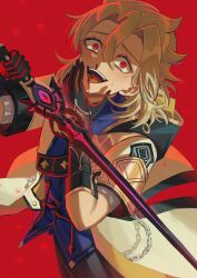 1boy :d albedo_(genshin_impact) alternate_eye_color black_gloves bleeding blonde_hair blood blue_shirt chain coat collared_shirt cowboy_shot crazy_smile festering_desire_(genshin_impact) genshin_impact gloves hair_between_eyes hands_up highres holding holding_sword holding_weapon hood hood_down hooded_coat looking_at_viewer male_focus march_rly medium_hair open_clothes open_coat open_mouth parted_bangs raised_eyebrows red_background red_eyes red_gloves shirt short_sleeves simple_background smile solo standing sweatdrop sword teeth two-tone_gloves upper_teeth_only weapon white_coat