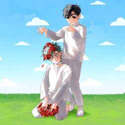2boys absurdres alien_stage anemone_(flower) black_dress black_hair blush cloud collar dress fang flower flower_wreath grass green_hair head_wreath highres holding holding_wreath ivan_(alien_stage) long_sleeves looking_at_another multiple_boys official_art on_grass pants red_flower shirt short_hair sitting sky smile standing thick_eyebrows till_(alien_stage) v-shaped_eyebrows white_collar white_pants white_shirt