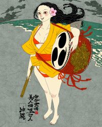 Rule 34 | 1girl, absurdres, artist logo, barefoot, beach, bikini, bikini under clothes, black hair, breasts, cloud, collarbone, drum, flower, full body, hair flower, hair ornament, highres, instrument, japanese clothes, kimono, logo, long hair, obi, ocean, okinawa, orange kimono, original, overcast, red bikini, red sash, sash, sei5osuzuki, sky, solo, standing, swimsuit